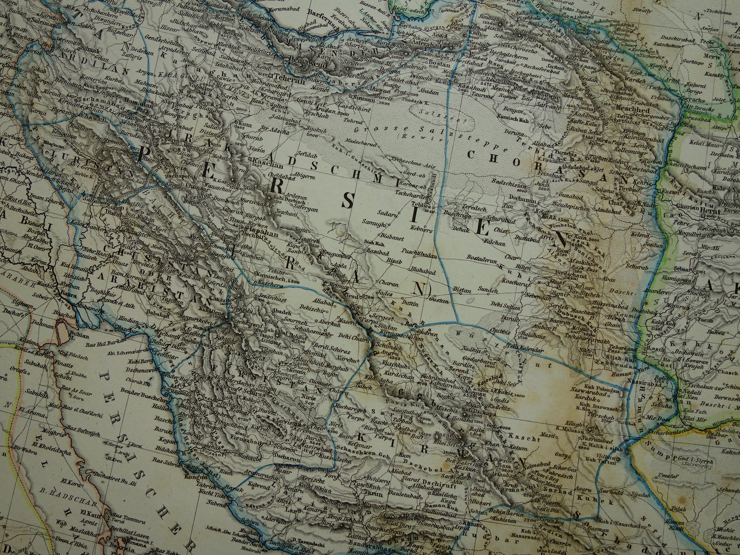 Alte Karte des Iran von 1884, antike handkolorierte Karte von Persien, Turkmenistan und dem Kaukasus