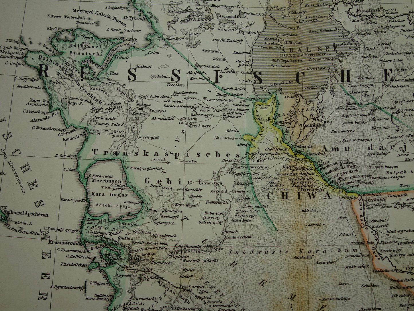 Alte Karte des Iran von 1884, antike handkolorierte Karte von Persien, Turkmenistan und dem Kaukasus
