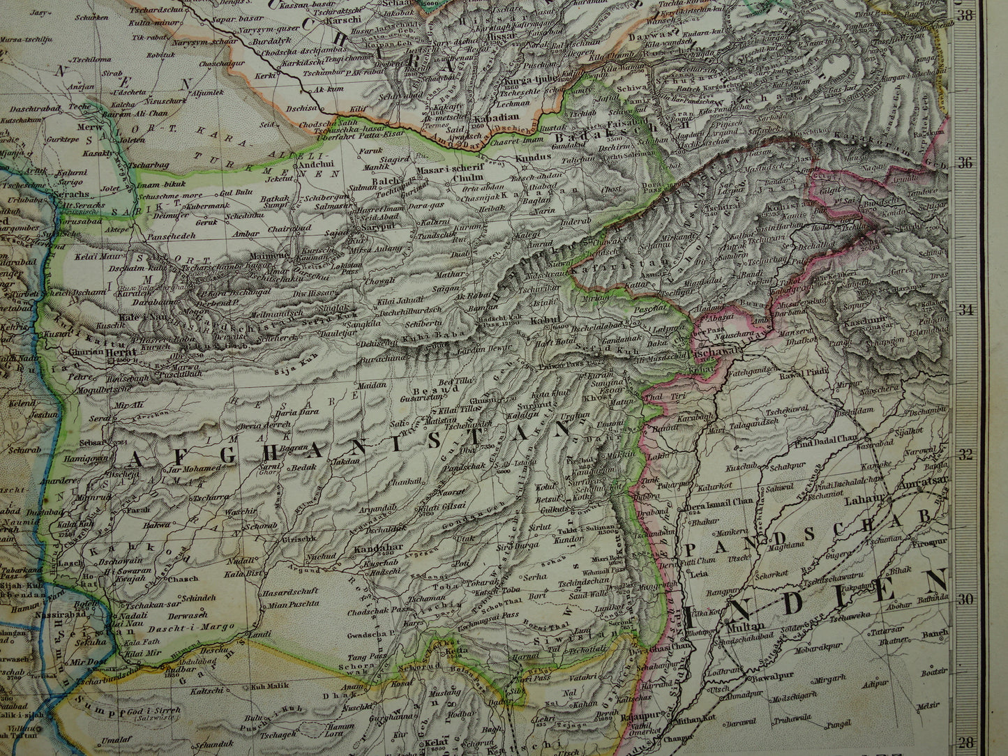 Alte Karte des Iran von 1884, antike handkolorierte Karte von Persien, Turkmenistan und dem Kaukasus