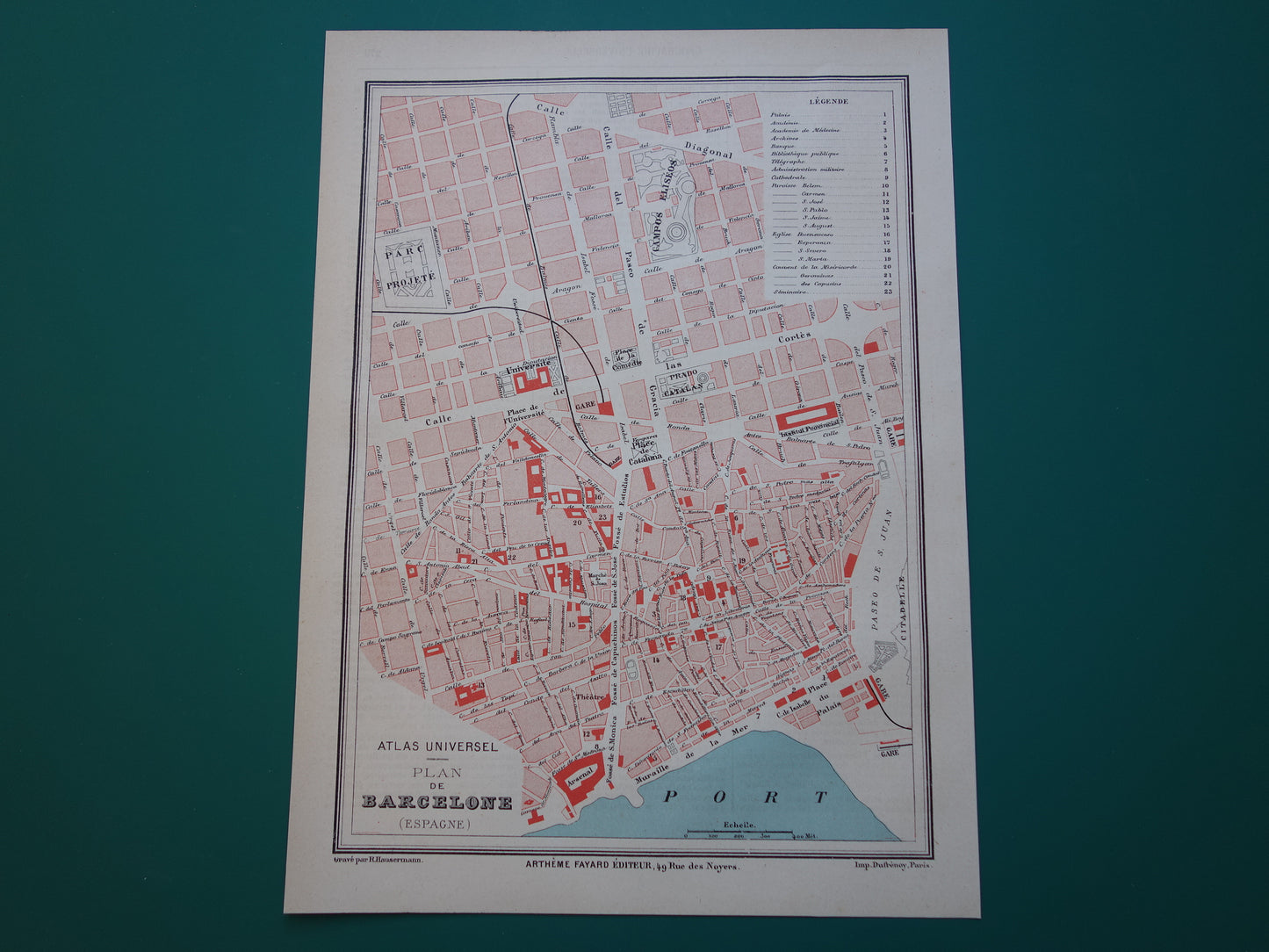 BARCELONA oude kaart van Barcelona Spanje uit 1877 originele antieke plattegrond vintage kaarten