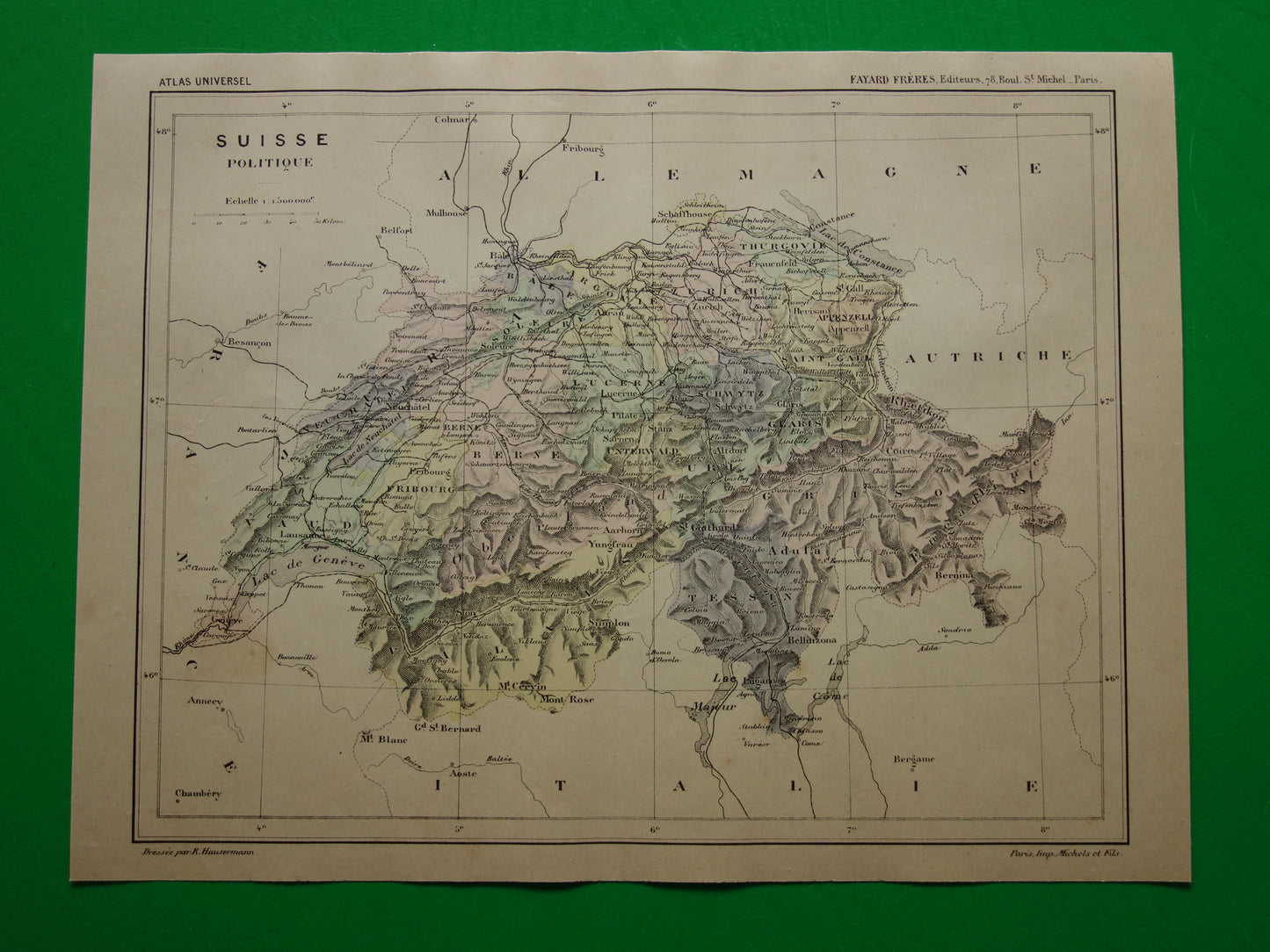 ZWITSERLAND oude landkaart van Zwitserland uit het jaar 1896 origineel handgekleurde antieke kaart historische print Zwitserland