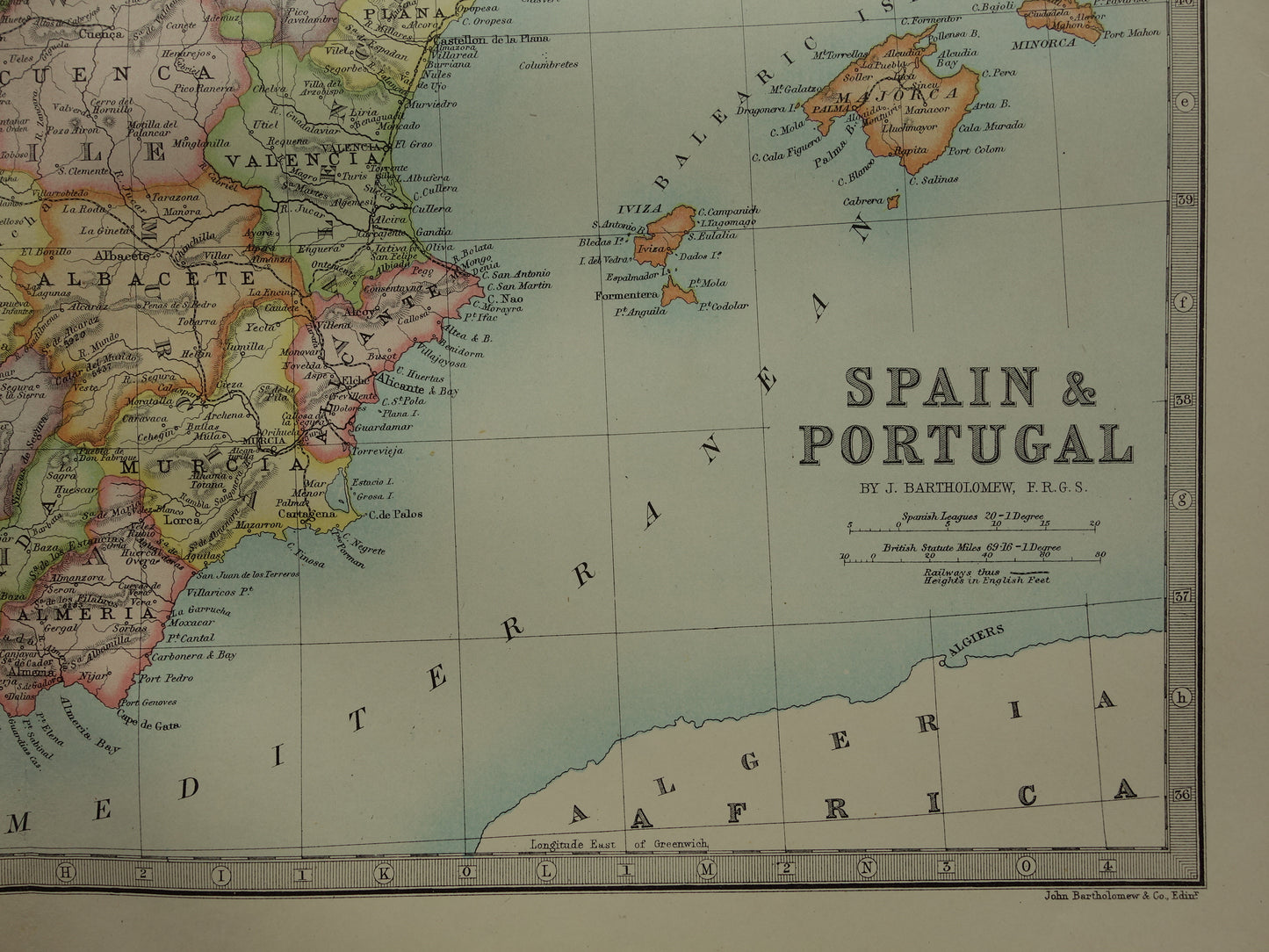 Oude landkaart van Spanje en Portugal uit 1890 originele antieke kaart 35 x 47 cm te koop vintage poster