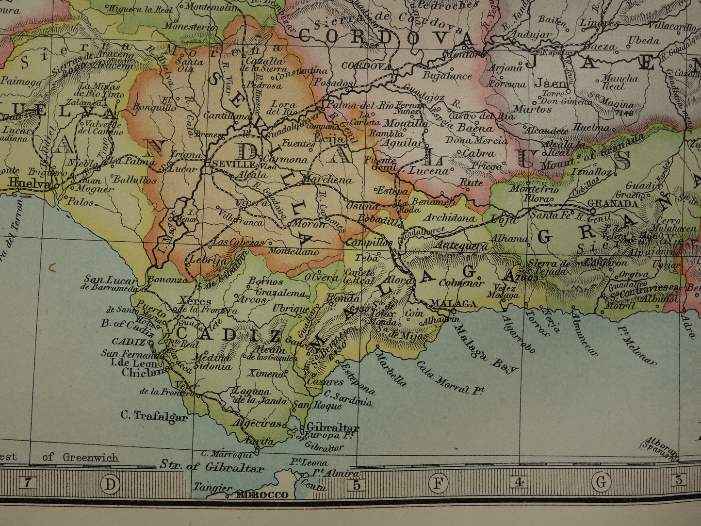 Oude landkaart van Spanje en Portugal uit 1890 originele antieke kaart 35 x 47 cm te koop vintage poster