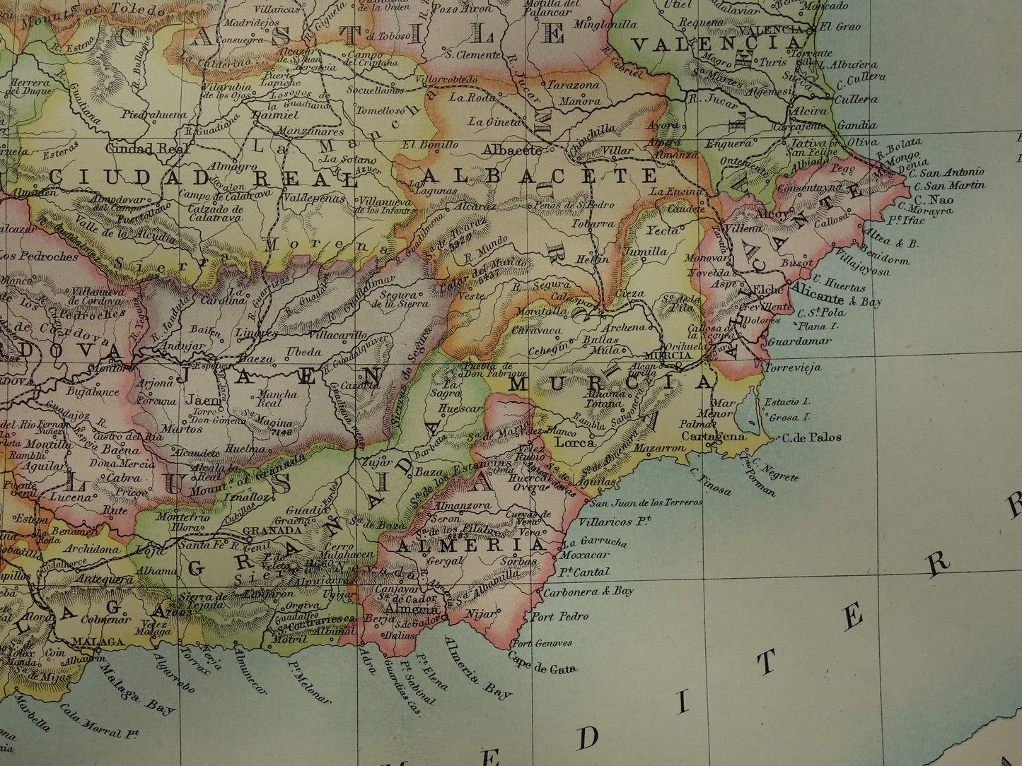 Oude landkaart van Spanje en Portugal uit 1890 originele antieke kaart 35 x 47 cm te koop vintage poster