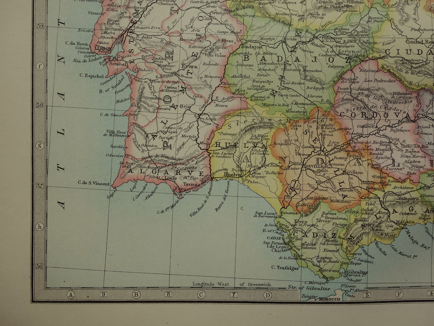 Oude landkaart van Spanje en Portugal uit 1890 originele antieke kaart 35 x 47 cm te koop vintage poster