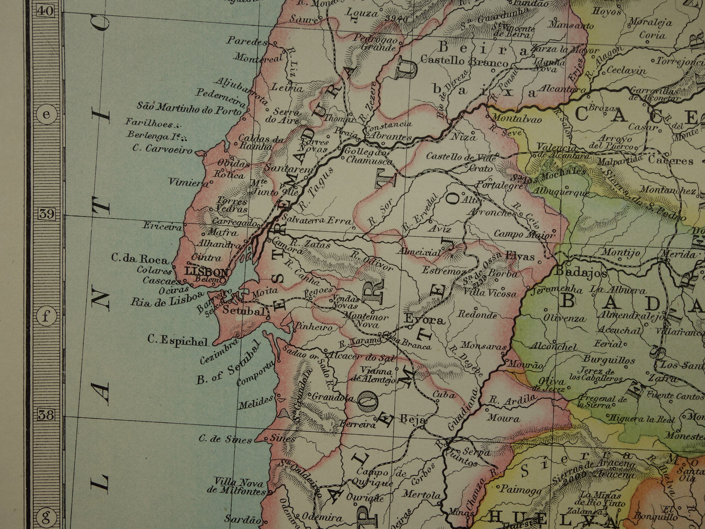 Oude landkaart van Spanje en Portugal uit 1890 originele antieke kaart 35 x 47 cm te koop vintage poster