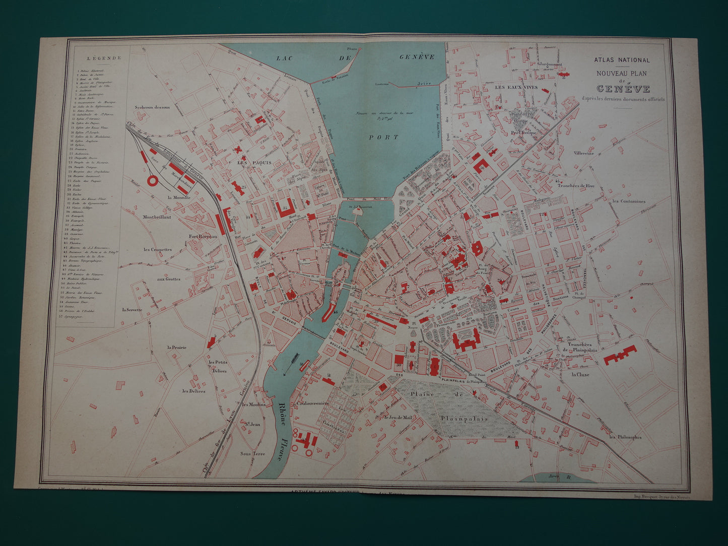 Genève oude kaart van Genève Zwitserland uit 1877 originele antieke plattegrond vintage kaarten
