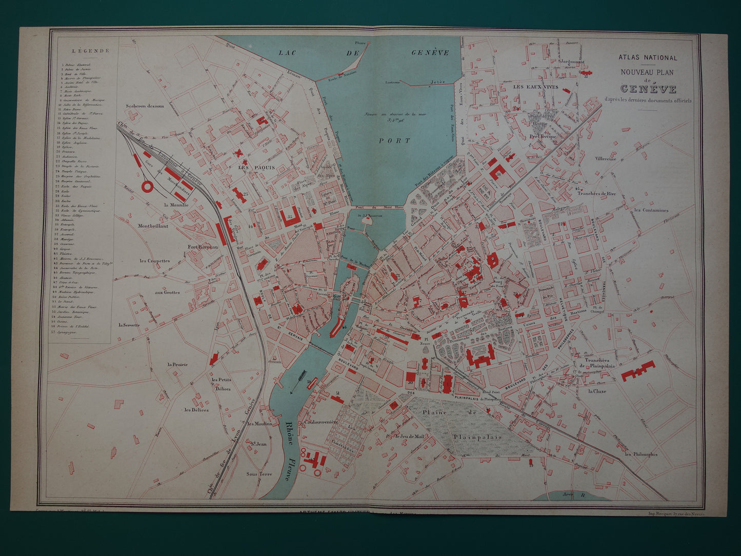 Genève oude kaart van Genève Zwitserland uit 1877 originele antieke plattegrond vintage kaarten