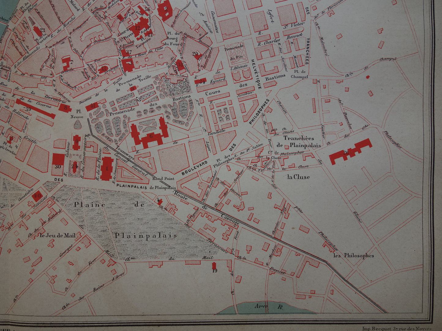 Genève oude kaart van Genève Zwitserland uit 1877 originele antieke plattegrond vintage kaarten