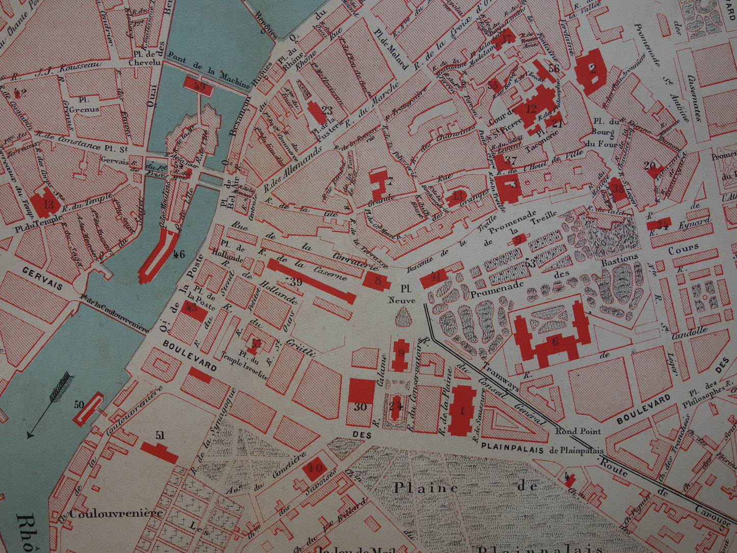 Genève oude kaart van Genève Zwitserland uit 1877 originele antieke plattegrond vintage kaarten