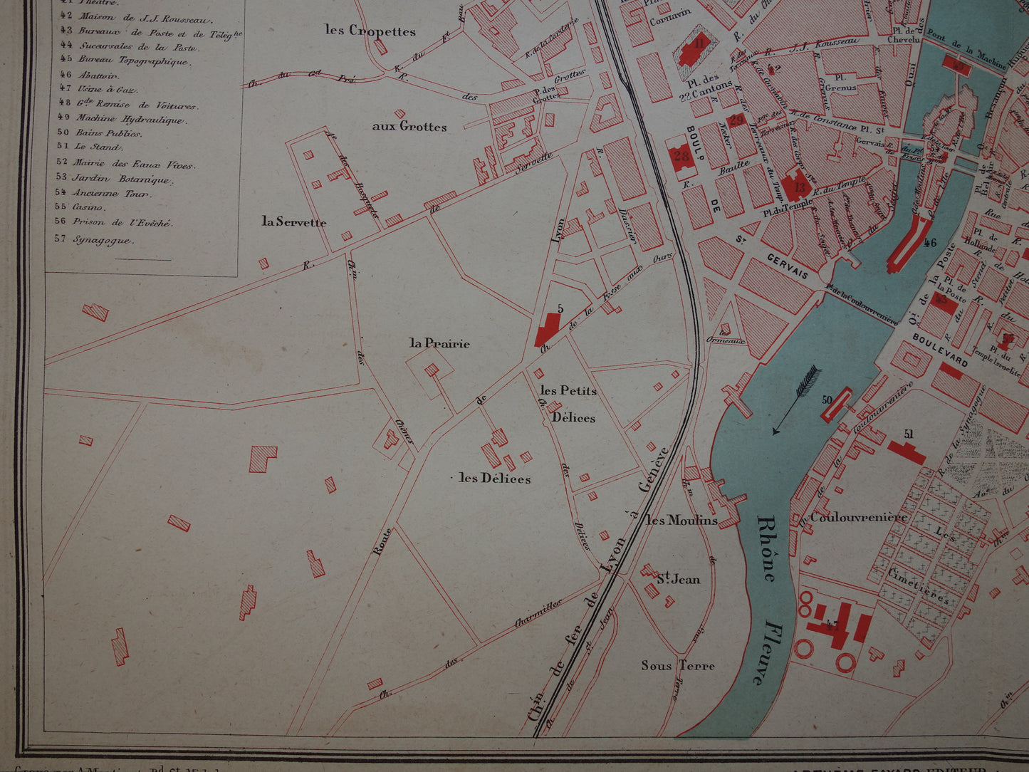Genève oude kaart van Genève Zwitserland uit 1877 originele antieke plattegrond vintage kaarten