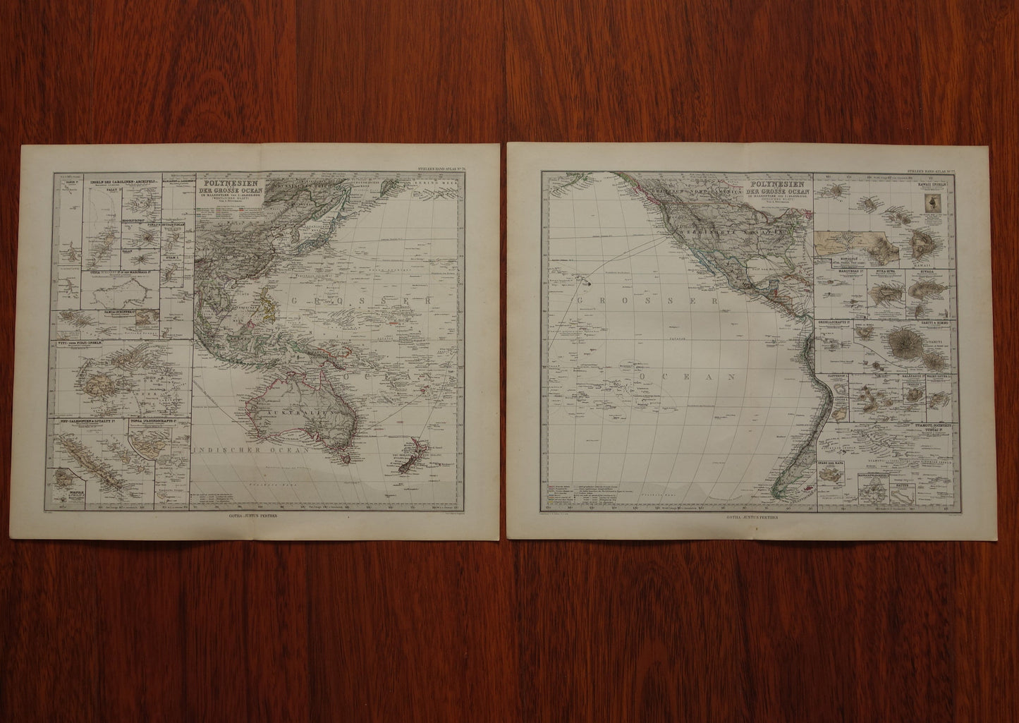Oude kaart van de Grote Oceaan in 1885 originele antieke landkaart Australië Polynesië Indonesië Azië vintage print Stille Oceaan Pacific