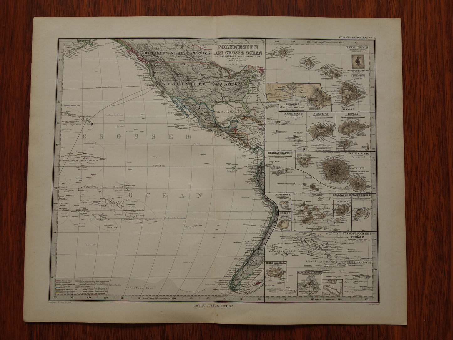 Oude kaart van de Grote Oceaan in 1885 originele antieke landkaart Australië Polynesië Indonesië Azië vintage print Stille Oceaan Pacific