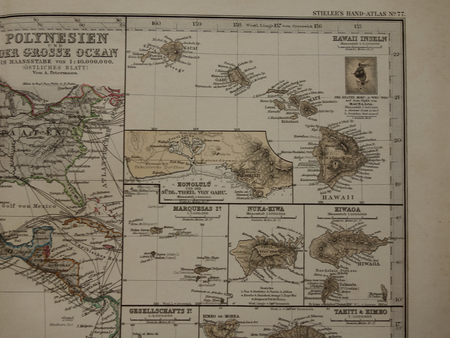 Oude kaart van de Grote Oceaan in 1885 originele antieke landkaart Australië Polynesië Indonesië Azië vintage print Stille Oceaan Pacific