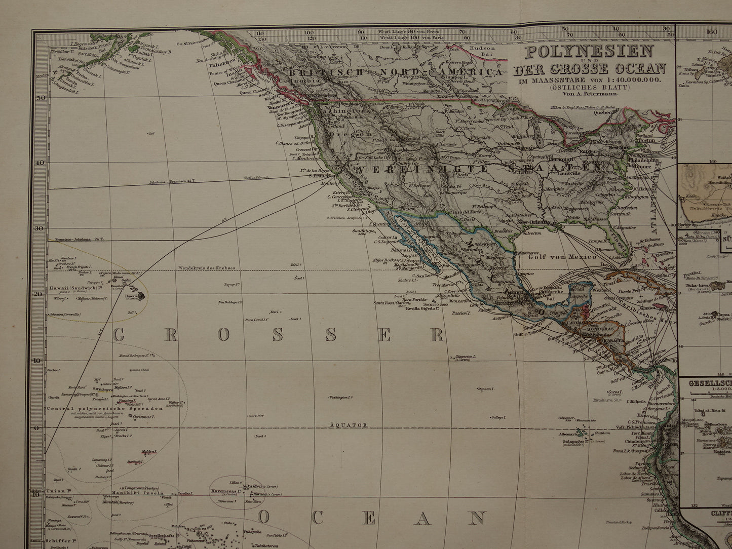 Oude kaart van de Grote Oceaan in 1885 originele antieke landkaart Australië Polynesië Indonesië Azië vintage print Stille Oceaan Pacific