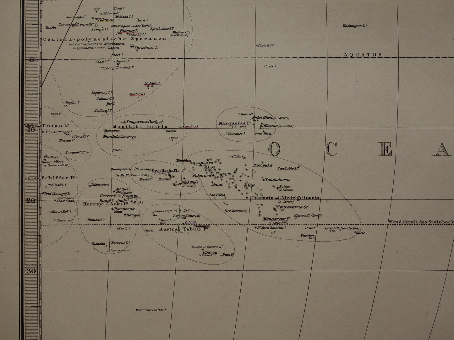 Oude kaart van de Grote Oceaan in 1885 originele antieke landkaart Australië Polynesië Indonesië Azië vintage print Stille Oceaan Pacific