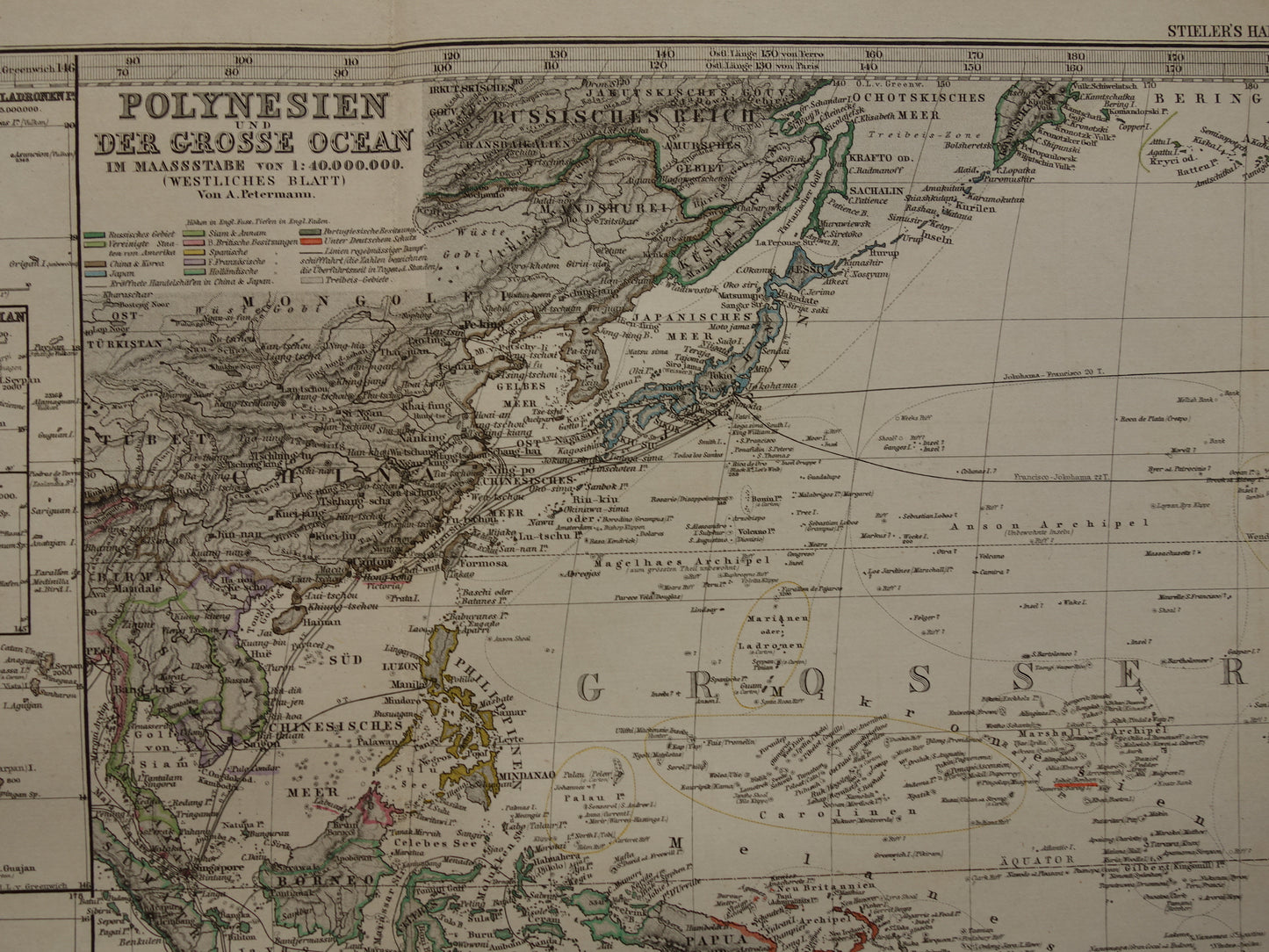 Oude kaart van de Grote Oceaan in 1885 originele antieke landkaart Australië Polynesië Indonesië Azië vintage print Stille Oceaan Pacific