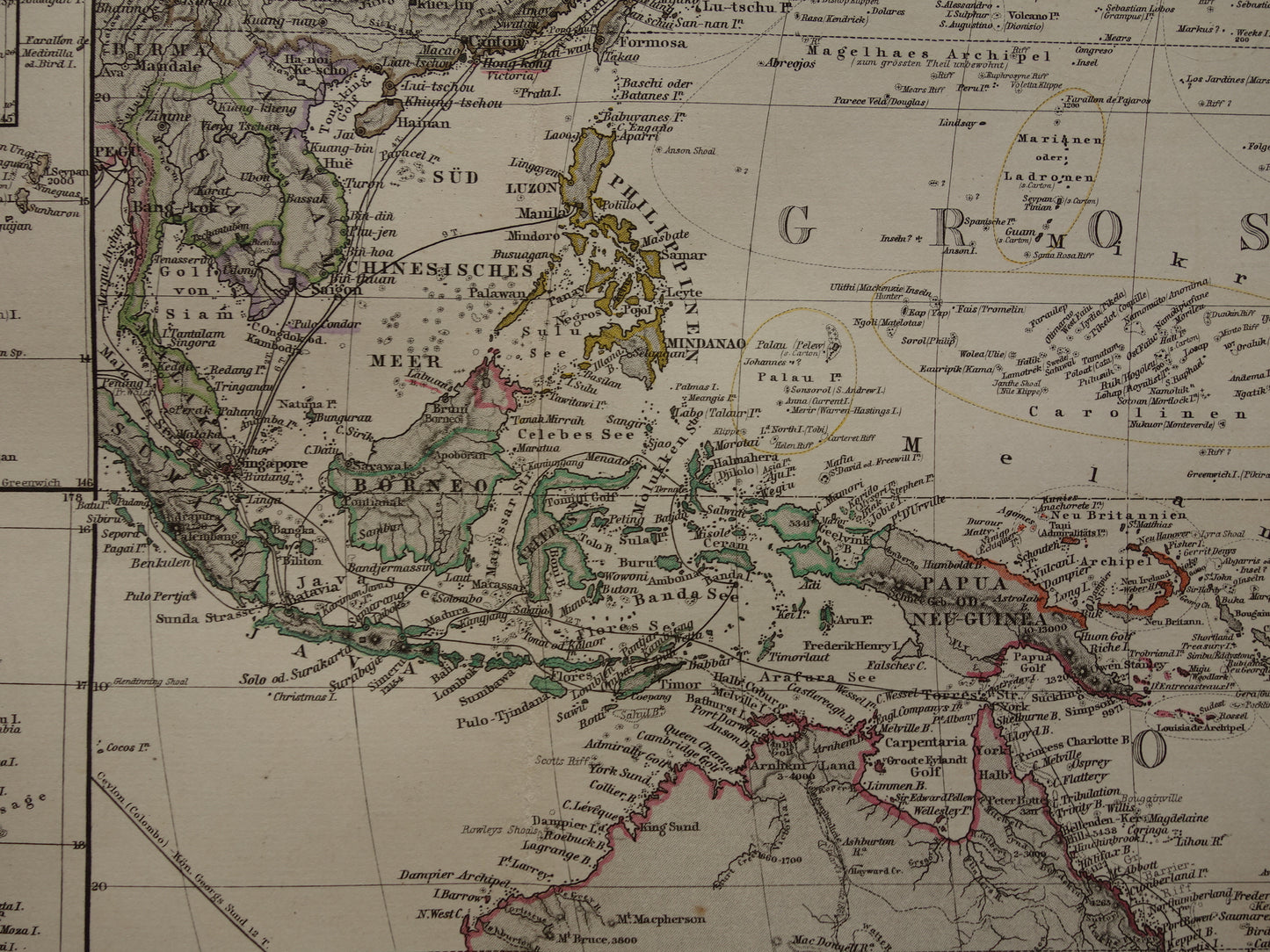 Oude kaart van de Grote Oceaan in 1885 originele antieke landkaart Australië Polynesië Indonesië Azië vintage print Stille Oceaan Pacific