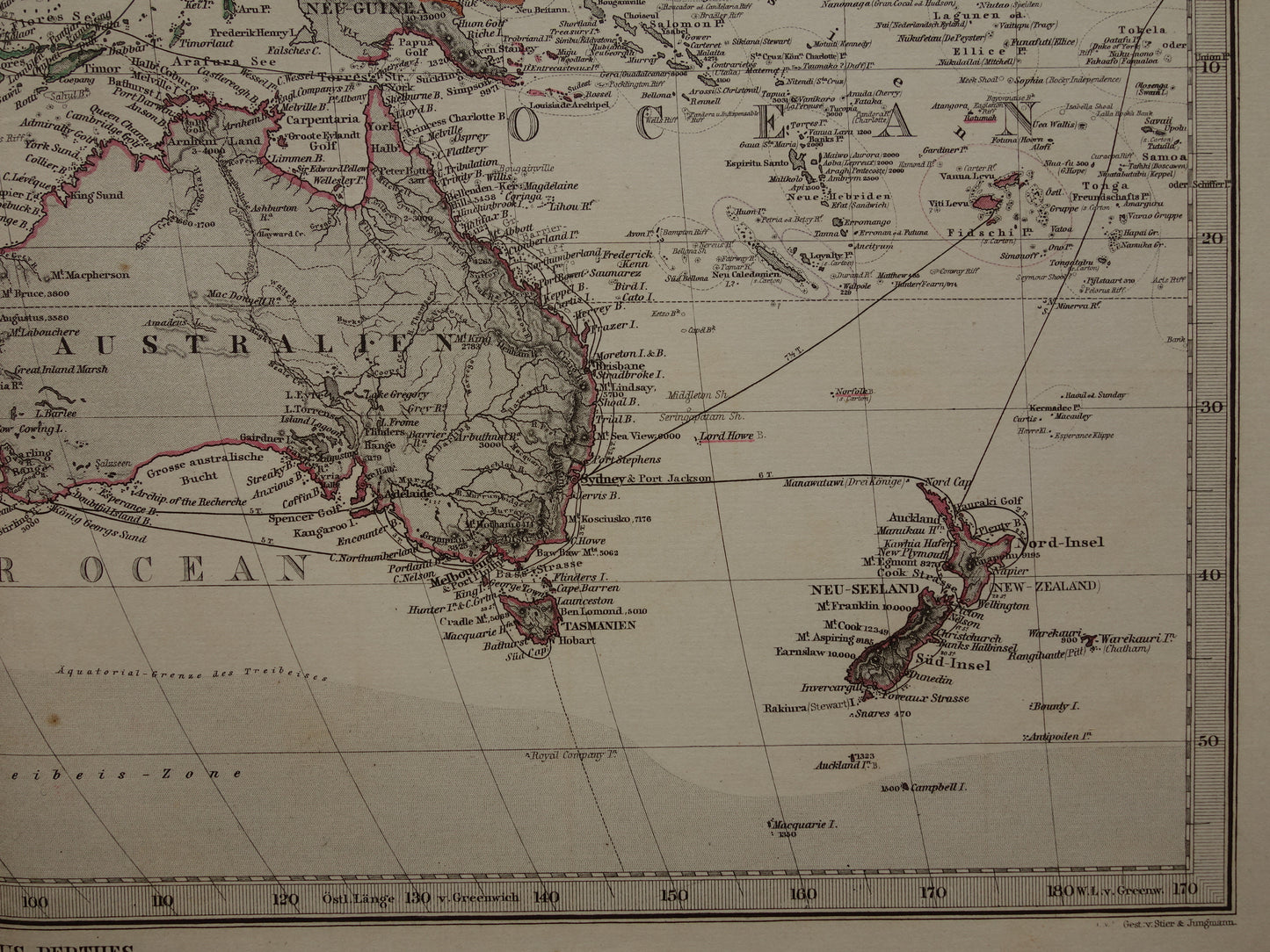 Oude kaart van de Grote Oceaan in 1885 originele antieke landkaart Australië Polynesië Indonesië Azië vintage print Stille Oceaan Pacific