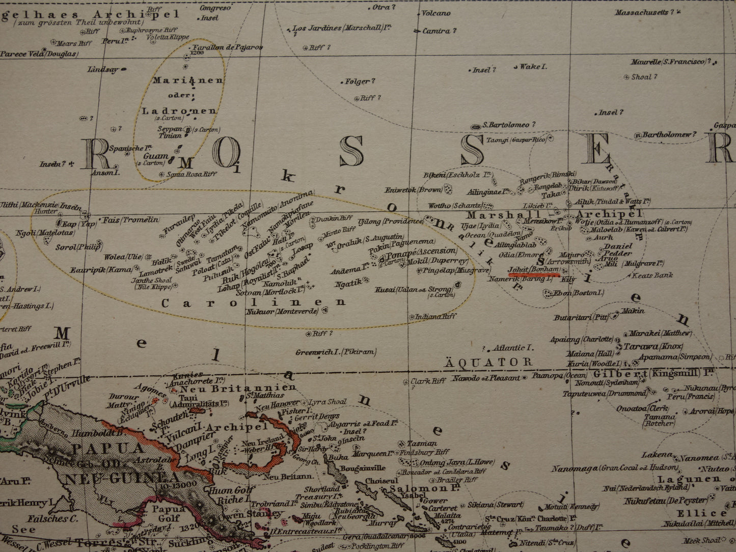 Oude kaart van de Grote Oceaan in 1885 originele antieke landkaart Australië Polynesië Indonesië Azië vintage print Stille Oceaan Pacific