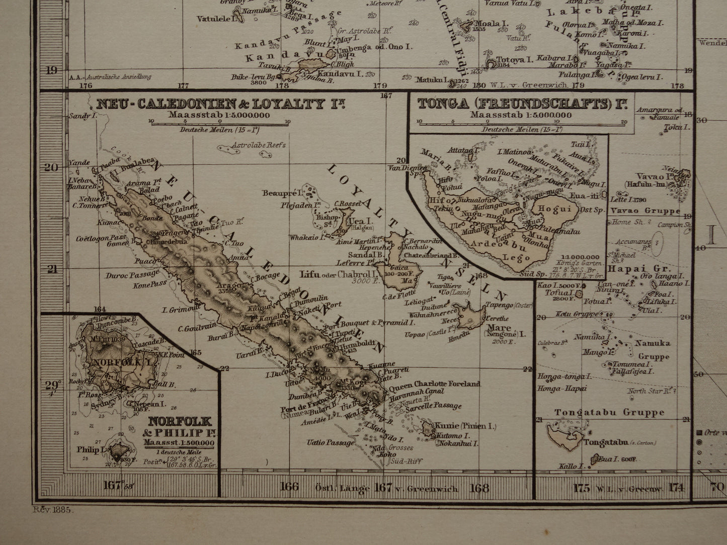 Oude kaart van de Grote Oceaan in 1885 originele antieke landkaart Australië Polynesië Indonesië Azië vintage print Stille Oceaan Pacific