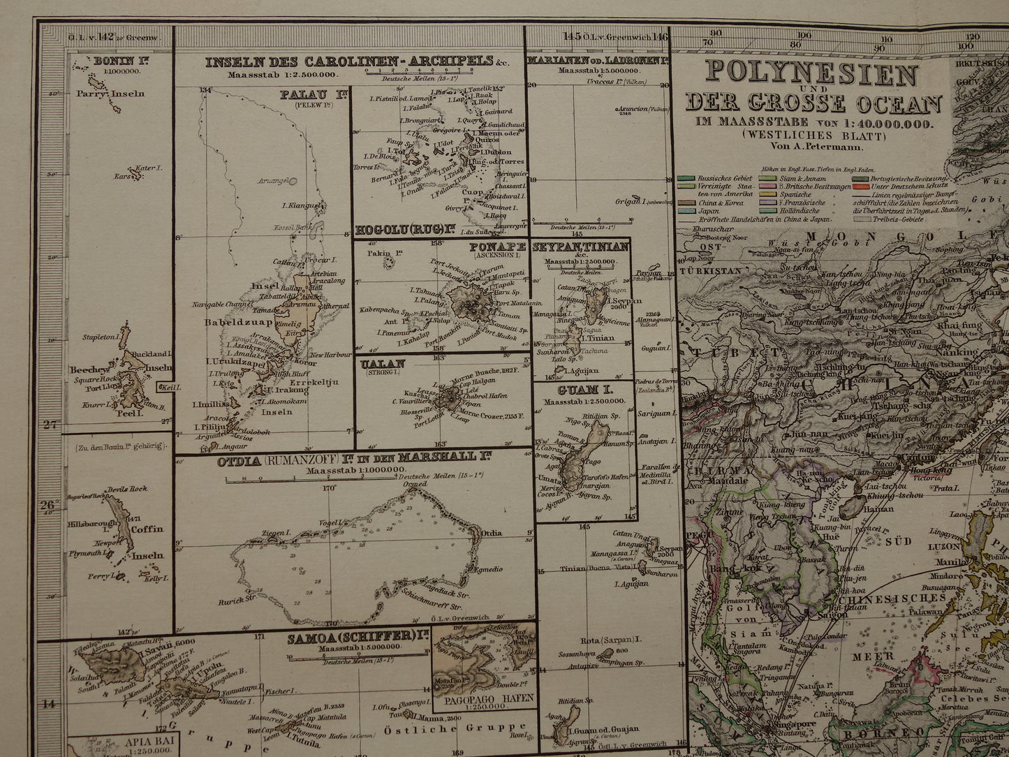 Oude kaart van de Grote Oceaan in 1885 originele antieke landkaart Australië Polynesië Indonesië Azië vintage print Stille Oceaan Pacific