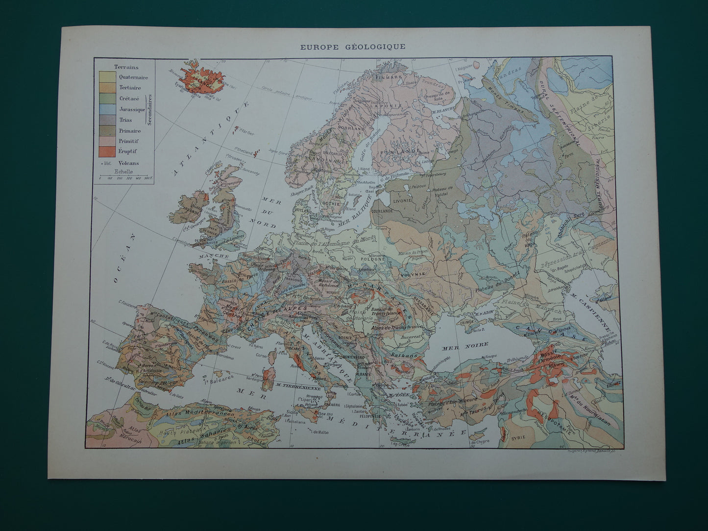 Oude geologische kaart van Europa Originele antieke geologie kaart continent Europa tijdschaal vintage kaarten