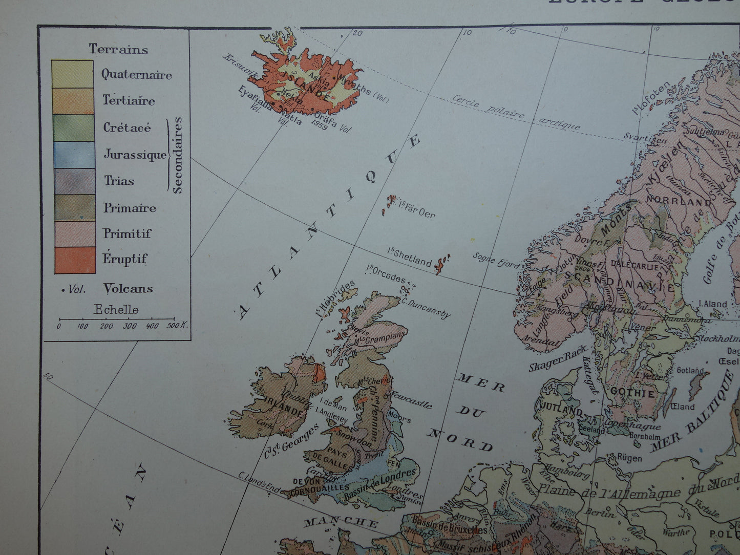 Oude geologische kaart van Europa Originele antieke geologie kaart continent Europa tijdschaal vintage kaarten