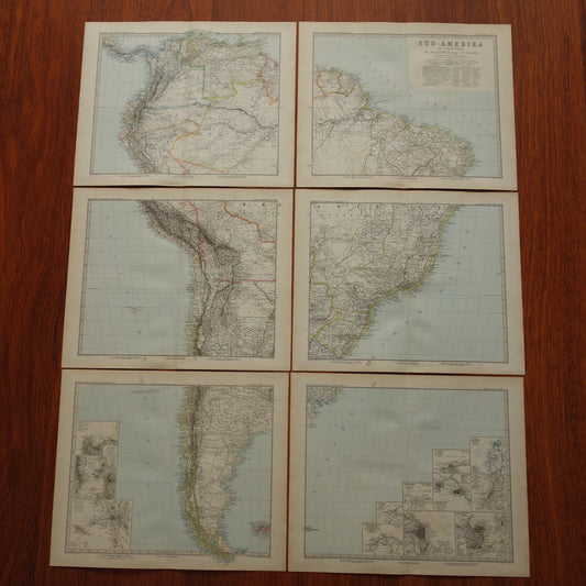 ZUID-AMERIKA Grote oude kaart uit 1886 van continent - originele antieke landkaart met jaartal historische kaarten van Zuid-Amerika XL