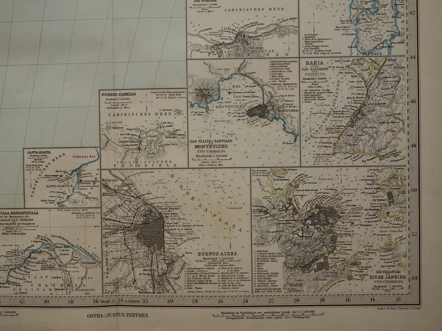 ZUID-AMERIKA Grote oude kaart uit 1885 van continent - originele antieke landkaart met jaartal - historische kaarten van Zuid-Amerika XL