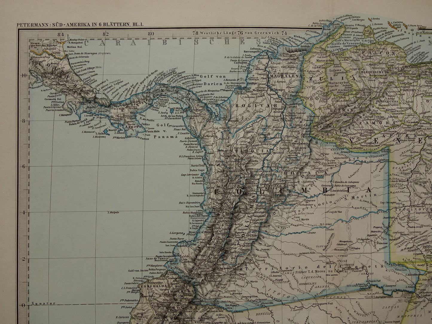 ZUID-AMERIKA Grote oude kaart uit 1885 van continent - originele antieke landkaart met jaartal - historische kaarten van Zuid-Amerika XL