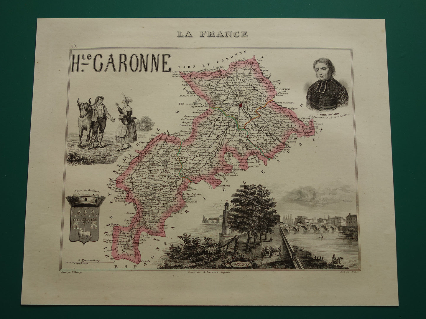 Oude kaart Haute-Garonne departement in Frankrijk uit 1851 originele antieke handgekleurde landkaart Toulouse