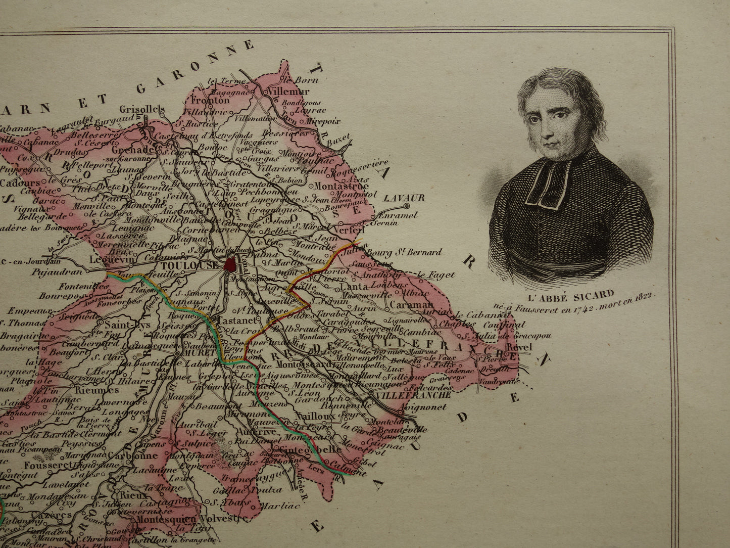 Oude kaart Haute-Garonne departement in Frankrijk uit 1851 originele antieke handgekleurde landkaart Toulouse