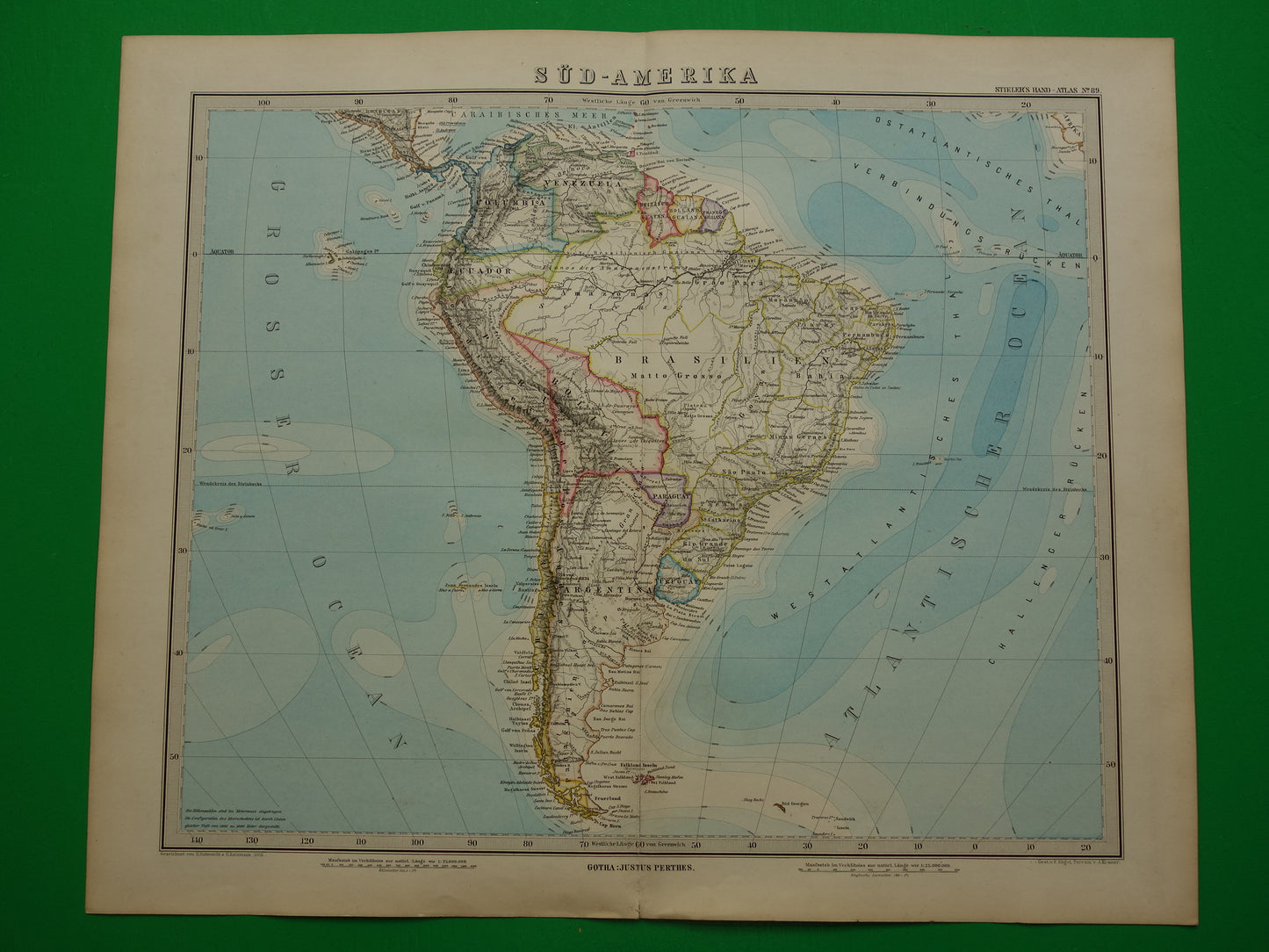 ZUID-AMERIKA vintage landkaart uit 1885 van continent Originele oude antieke kaart met jaartal - historische kaarten van Zuid-Amerika