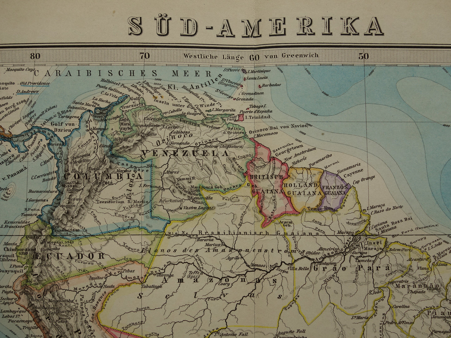 ZUID-AMERIKA vintage landkaart uit 1885 van continent Originele oude antieke kaart met jaartal - historische kaarten van Zuid-Amerika