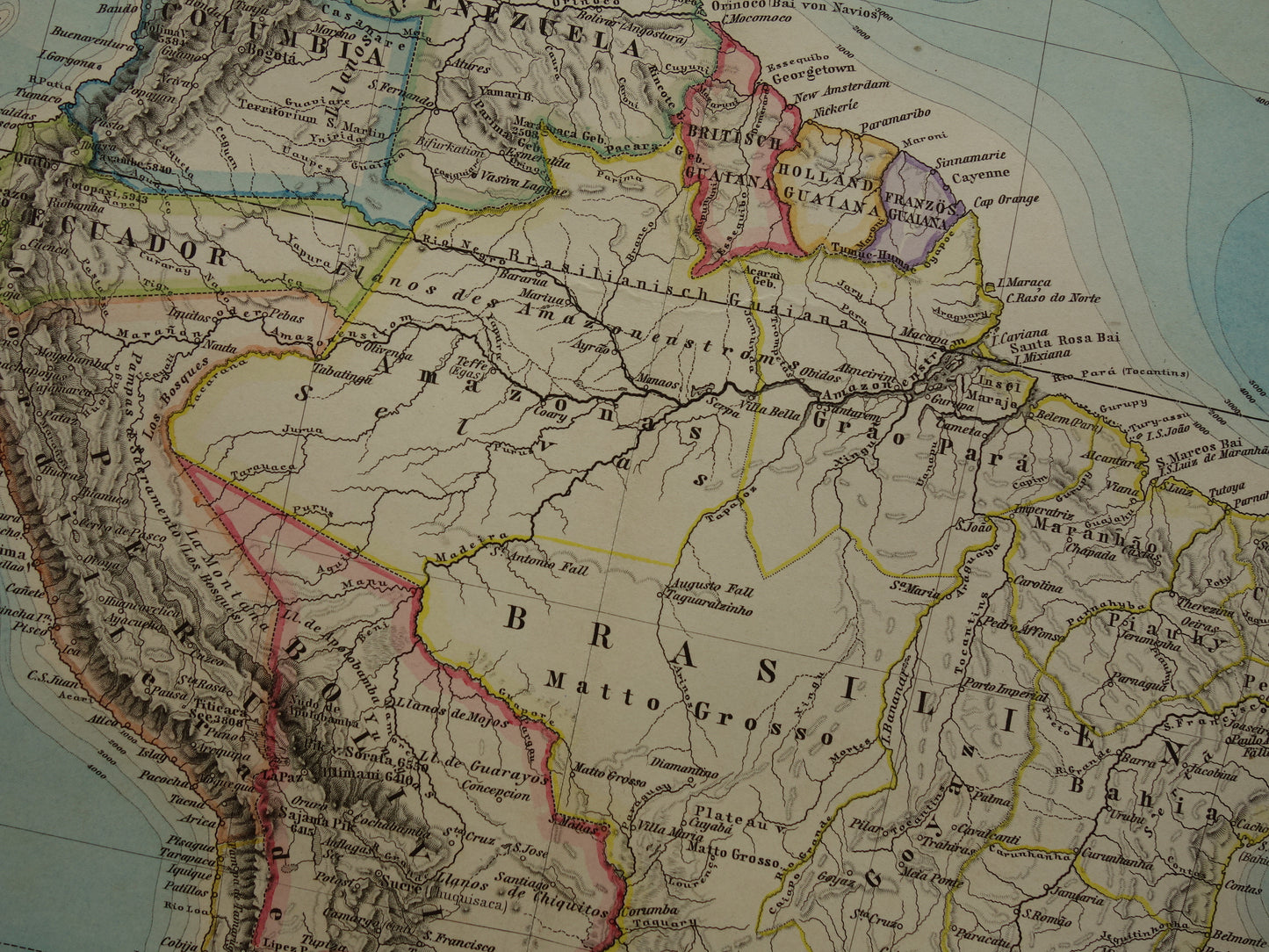 ZUID-AMERIKA vintage landkaart uit 1885 van continent Originele oude antieke kaart met jaartal - historische kaarten van Zuid-Amerika