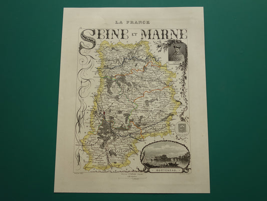 Oude kaart Seine et Marne departement in Frankrijk uit 1851 originele antieke handgekleurde landkaart Montereau
