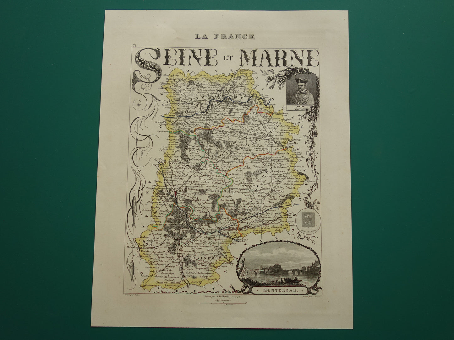 Oude kaart Seine et Marne departement in Frankrijk uit 1851 originele antieke handgekleurde landkaart Montereau