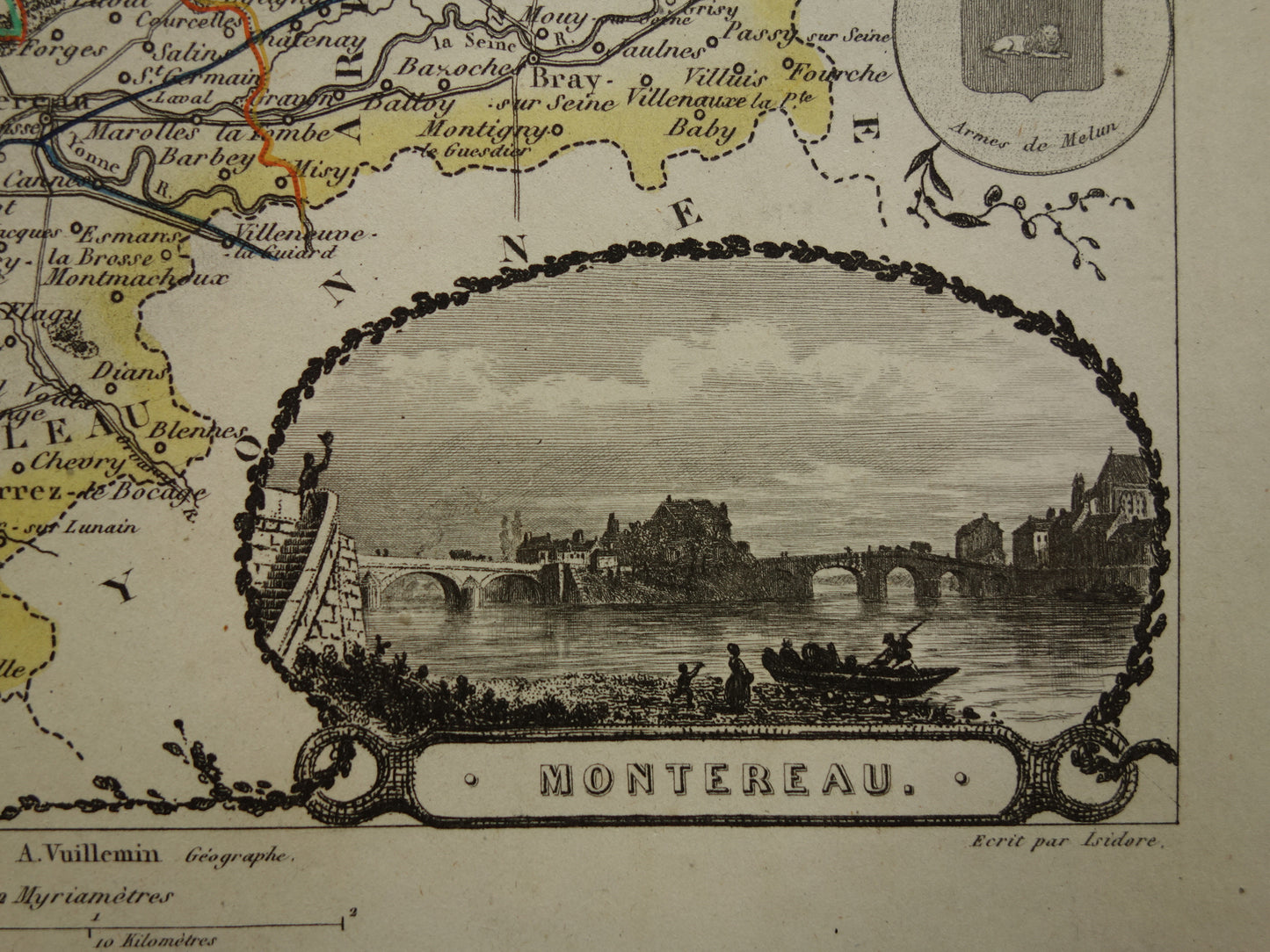 Oude kaart Seine et Marne departement in Frankrijk uit 1851 originele antieke handgekleurde landkaart Montereau