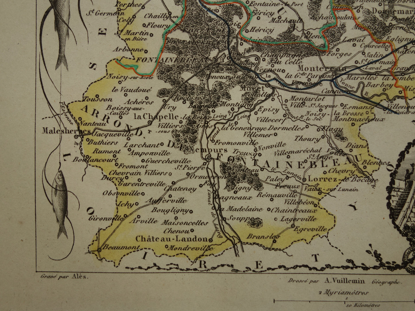 Oude kaart Seine et Marne departement in Frankrijk uit 1851 originele antieke handgekleurde landkaart Montereau