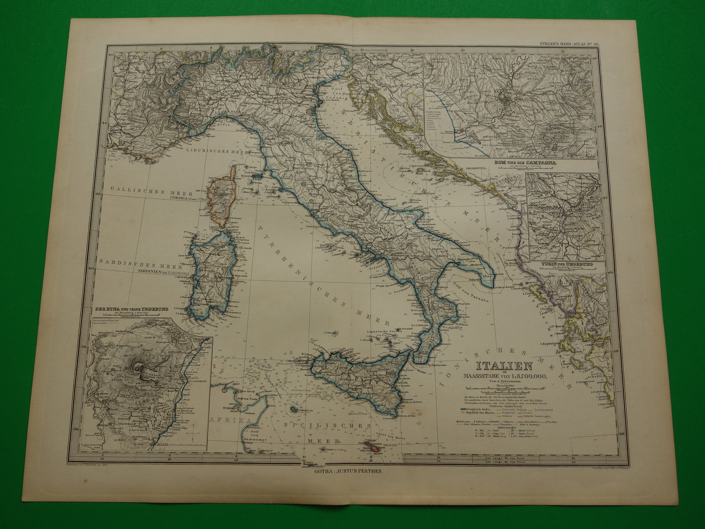 ITALIË antieke kaart van Italië Sicilië Etna Rome Turijn originele 135+ jaar oude landkaart van Italië