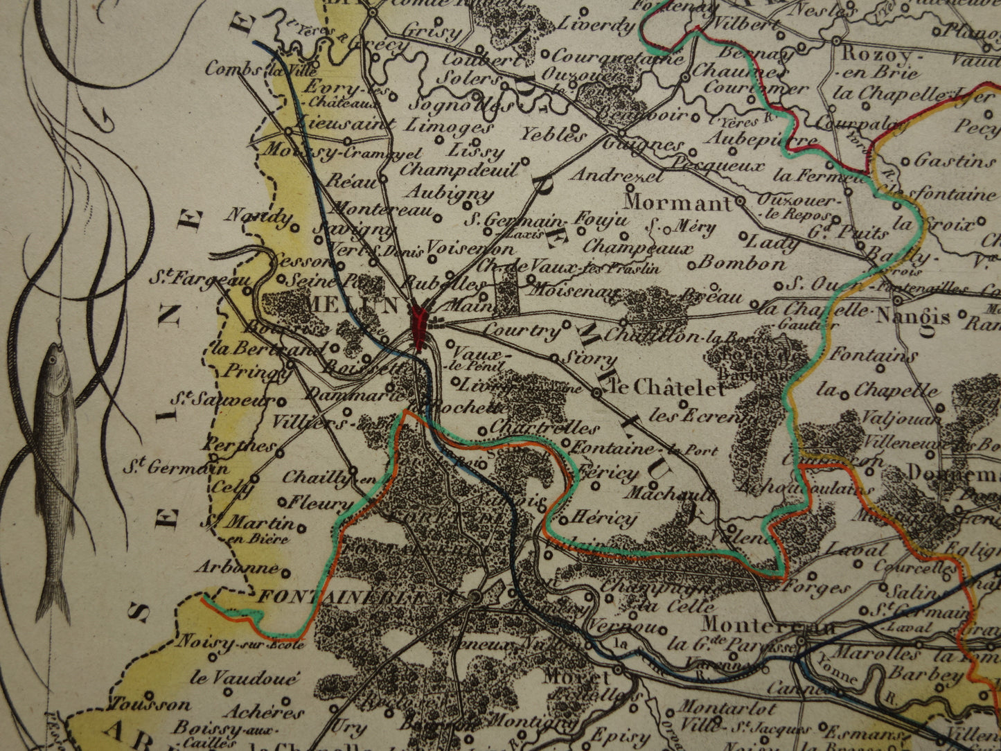 Oude kaart Seine et Marne departement in Frankrijk uit 1851 originele antieke handgekleurde landkaart Montereau