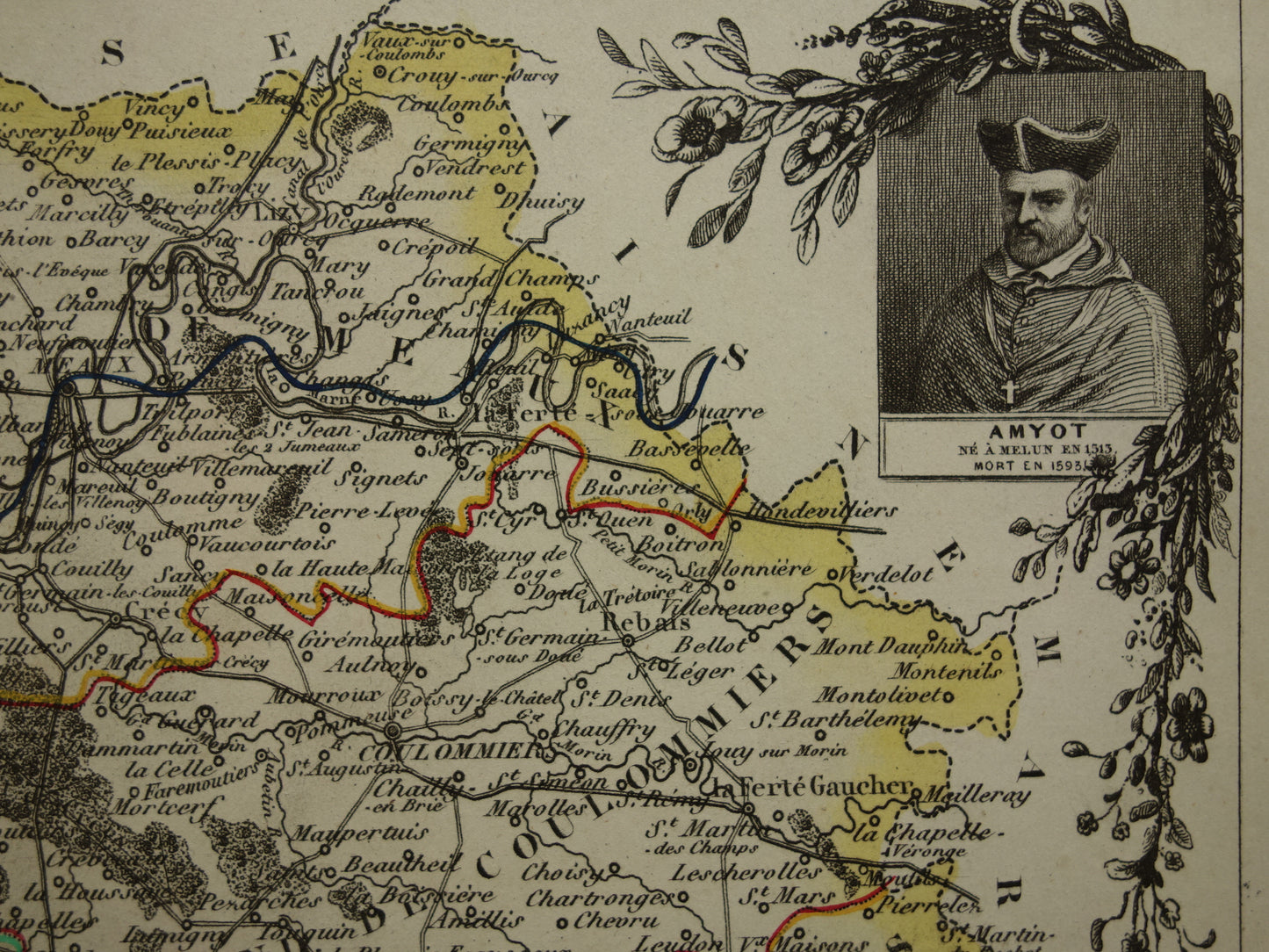 Oude kaart Seine et Marne departement in Frankrijk uit 1851 originele antieke handgekleurde landkaart Montereau