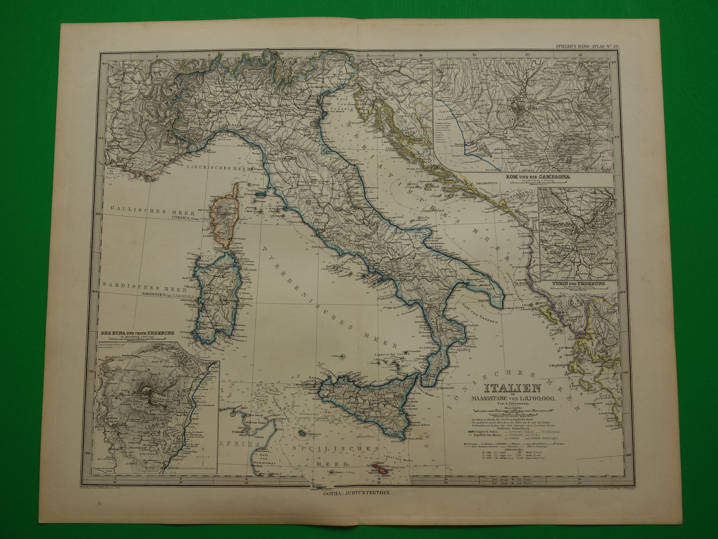 ITALIË antieke kaart van Italië Sicilië Etna Rome Turijn originele 135+ jaar oude landkaart van Italië