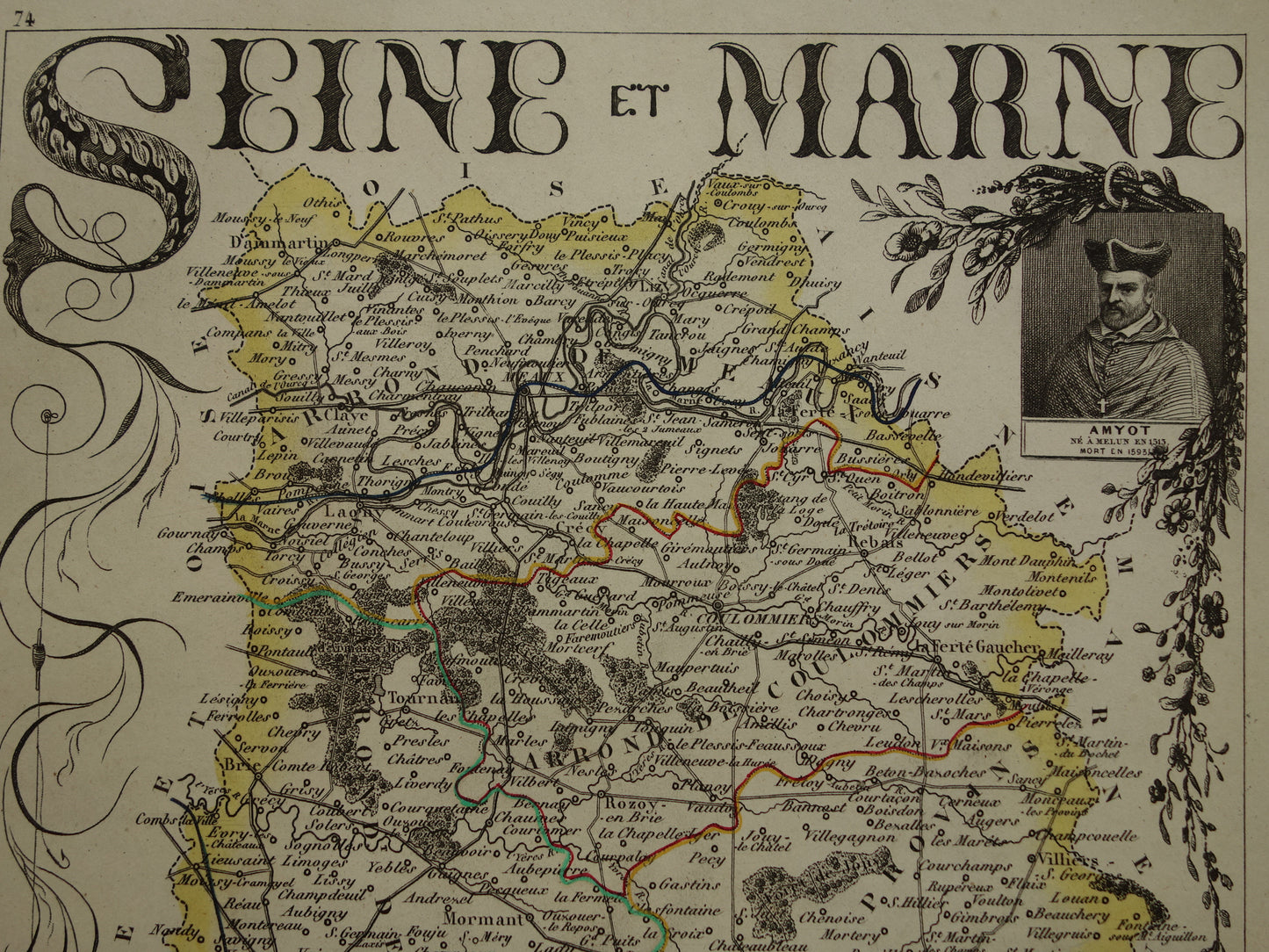 Oude kaart Seine et Marne departement in Frankrijk uit 1851 originele antieke handgekleurde landkaart Montereau