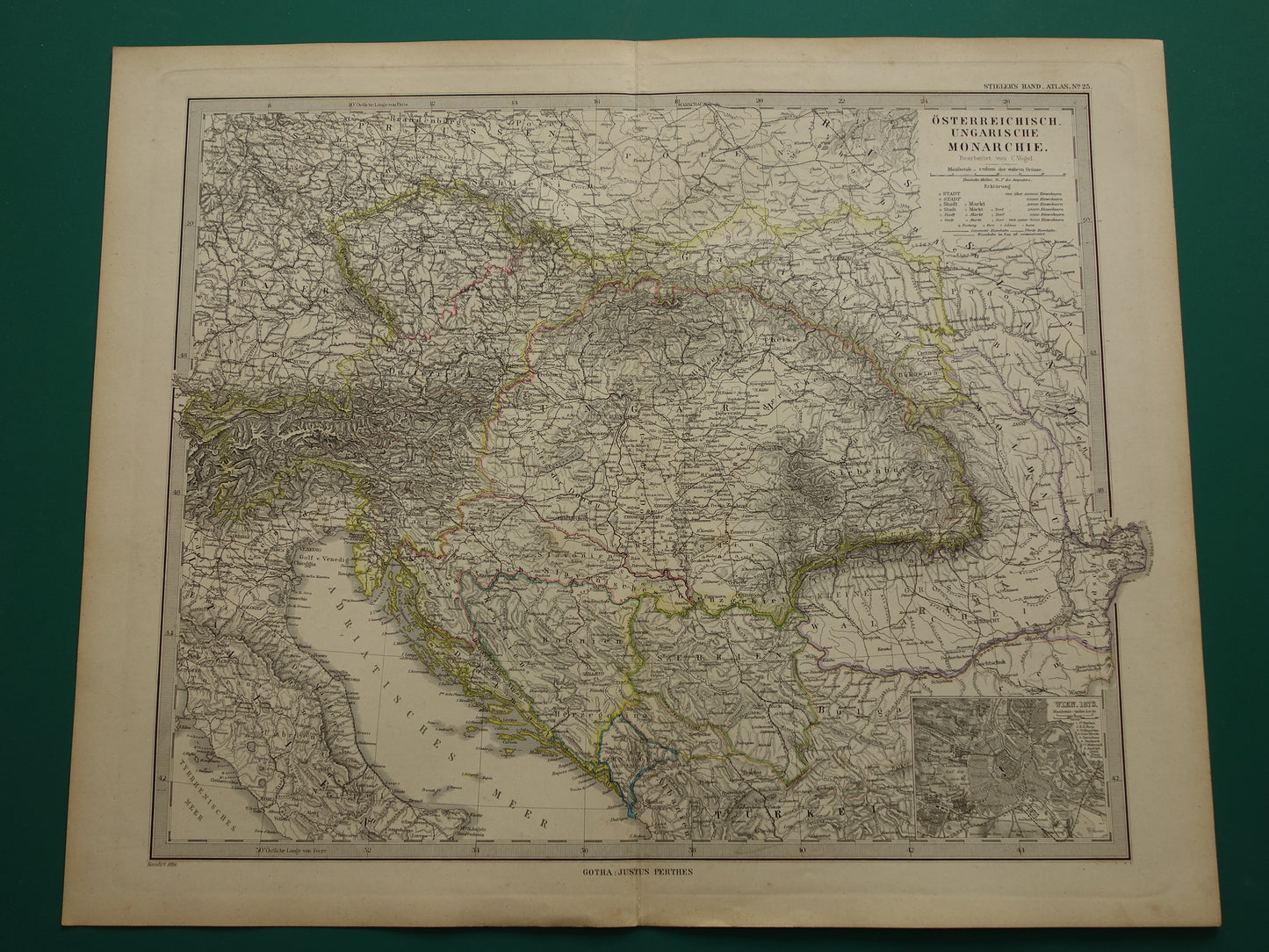 Oude kaart van Oostenrijk Hongarije uit het jaar 1886 gedetailleerde antieke landkaart met jaartal historische kaarten Oostenrijk-Hongarije