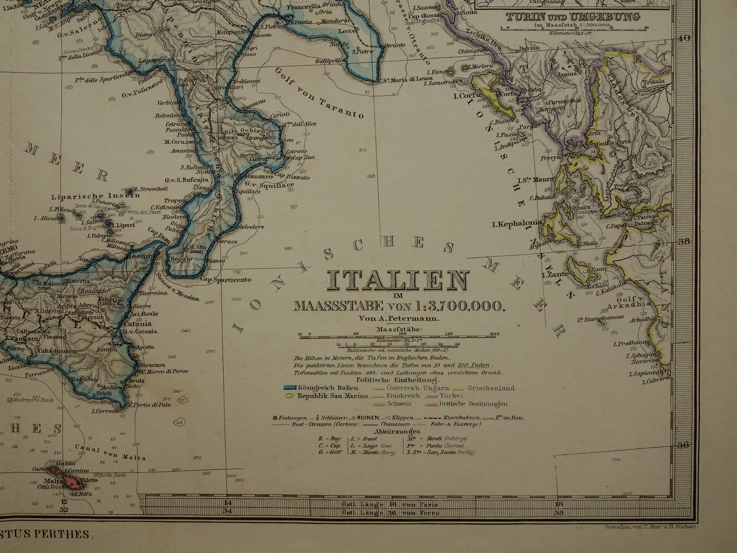 ITALIË antieke kaart van Italië Sicilië Etna Rome Turijn originele 135+ jaar oude landkaart van Italië