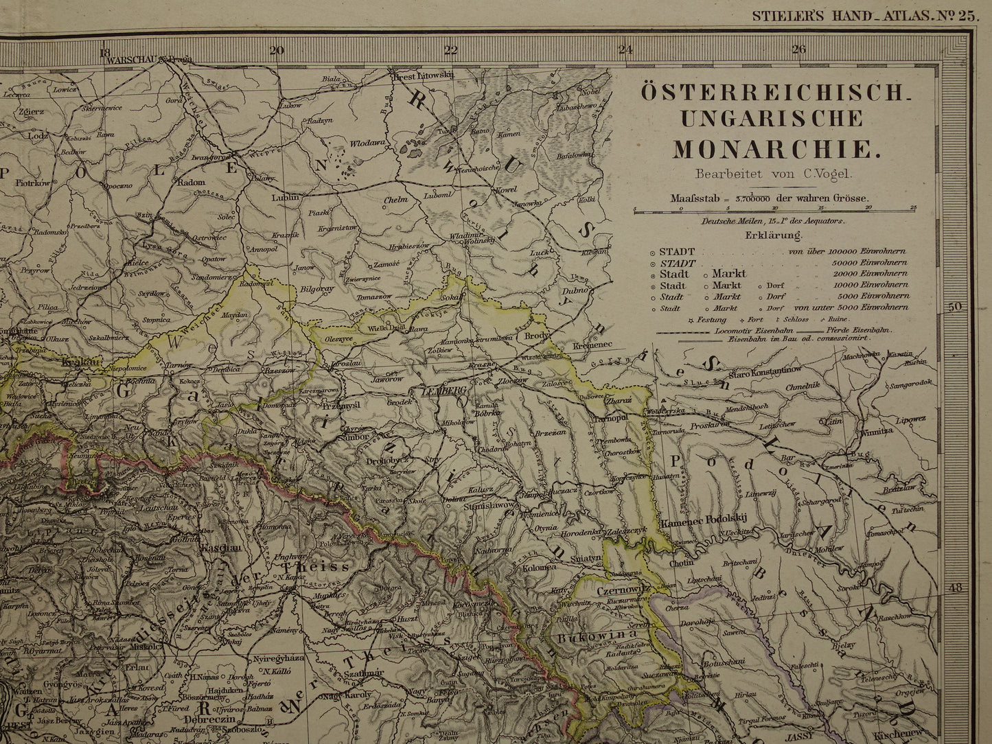 Oude kaart van Oostenrijk Hongarije uit het jaar 1886 gedetailleerde antieke landkaart met jaartal historische kaarten Oostenrijk-Hongarije