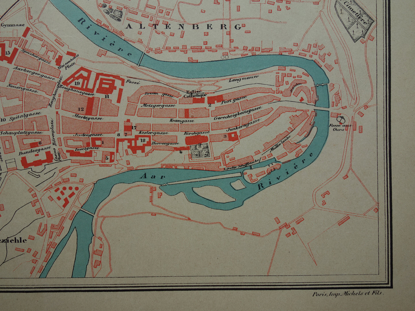 BERN oude kaart van Bern Zwitserland 1896 originele antieke Franse plattegrond van Bern