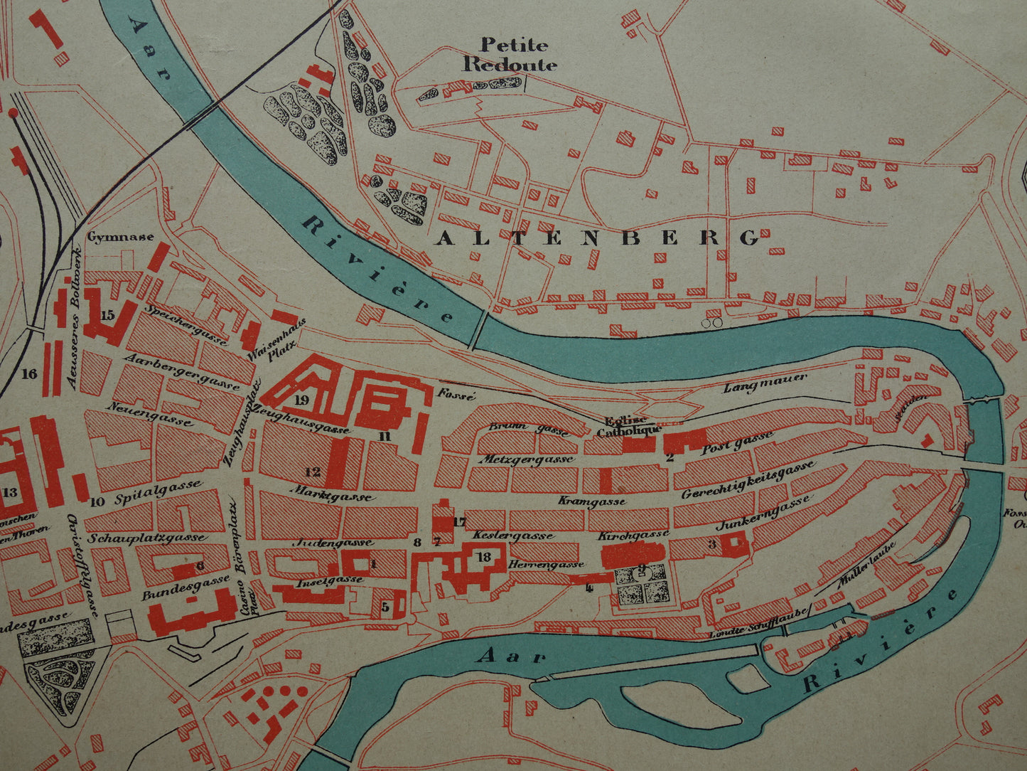 BERN oude kaart van Bern Zwitserland 1896 originele antieke Franse plattegrond van Bern